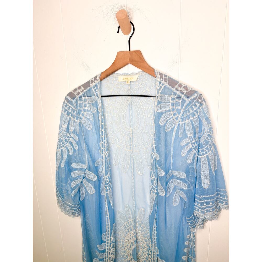 Rebellion Blue Duster Kimono Medium Beach Swim Coverup Lightweight Boho Flowy - Picture 3 of 8